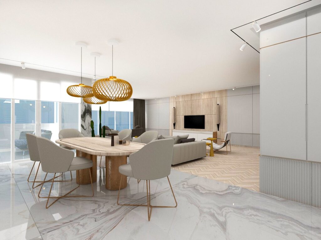 Doğal ahşap masa ve modern sandalyelerle tasarlanmış, avize detaylı açık plan yemek alanı.