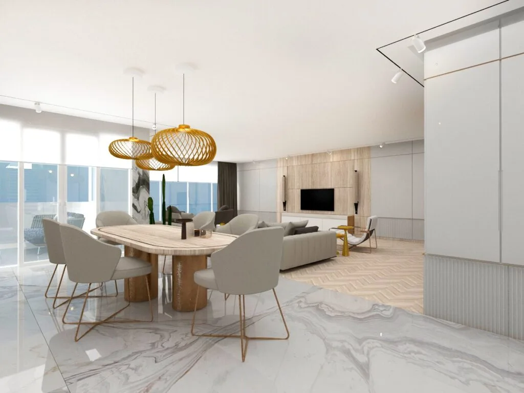 Modern Penthouse Tasarımı Doğal ahşap masa ve modern sandalyelerle tasarlanmış, avize detaylı açık plan yemek alanı.