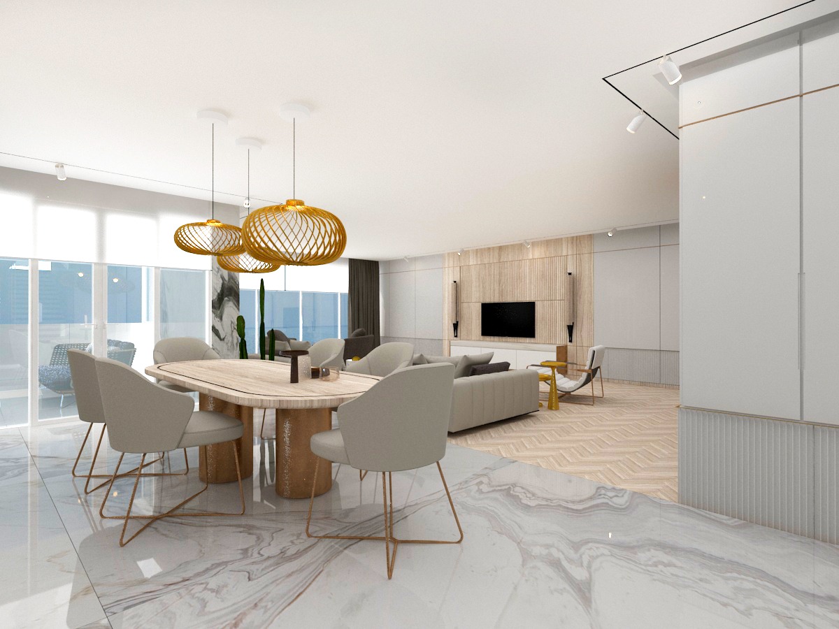 Doğal ahşap masa ve modern sandalyelerle tasarlanmış, avize detaylı açık plan yemek alanı.