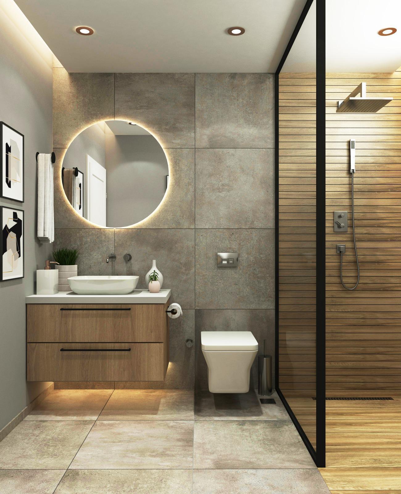 Ahşap ve gri seramiklerin birleşimini gösteren, modern aydınlatmalı ve şık bir banyo renderı.