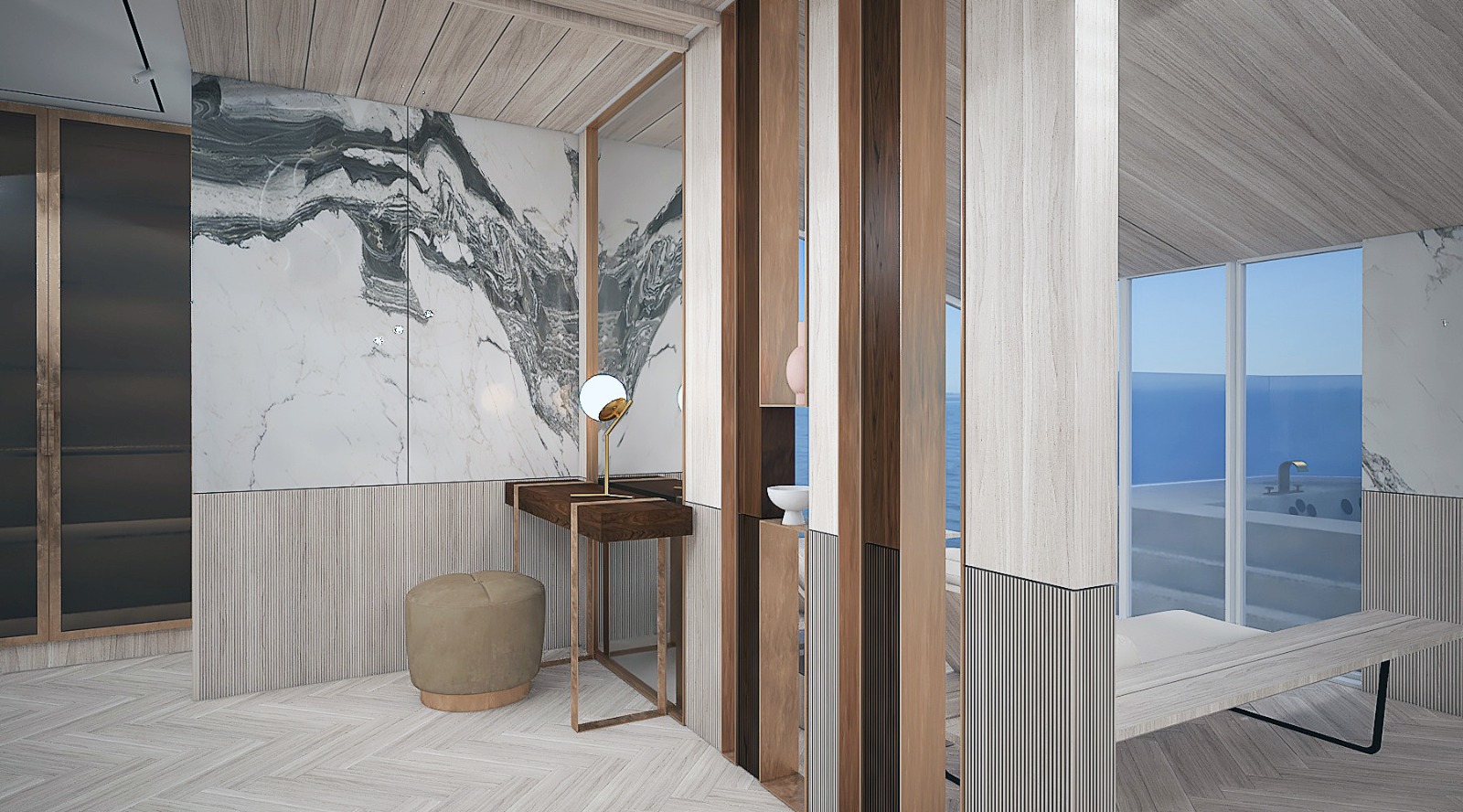 Ahşap ve mermer dokuların birleştiği, modern ayna ve makyaj masasıyla tasarlanmış banyo makyaj alanı.