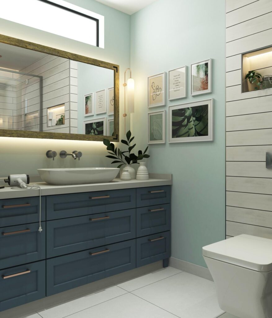 Modern Villa İç Mimarlık Projesi Mavi banyo dolabı, ahşap çerçeveli ayna ve aydınlatmalı raflarla tasarlanmış modern bir ebeveyn banyosu renderı.