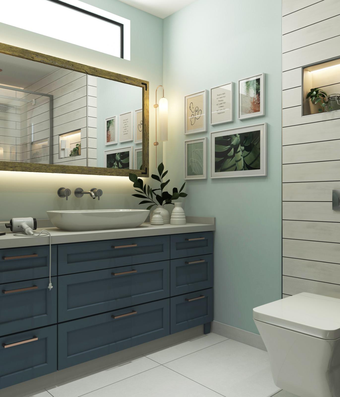 Mavi banyo dolabı, ahşap çerçeveli ayna ve aydınlatmalı raflarla tasarlanmış modern bir ebeveyn banyosu renderı.