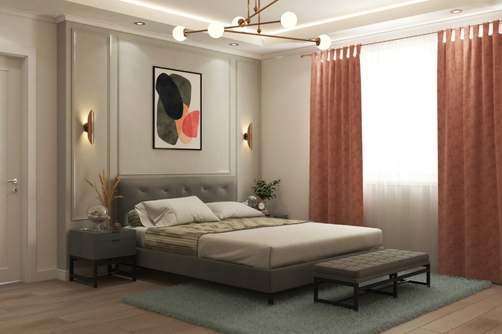 Modern Villa İç Mimarlık Projesi Modern yatak başlığı, pastel renklerde perdeler ve şık aydınlatmalarla tasarlanmış, konforlu bir yatak odası renderı.