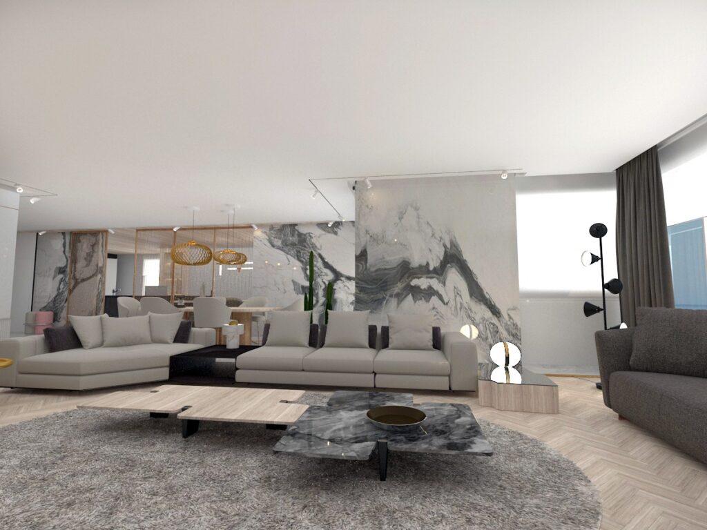 Modern kanepeler, ahşap zemin ve mermer duvarlarla tasarlanmış, ferah ve geniş penthouse salon iç mekan tasarımı.