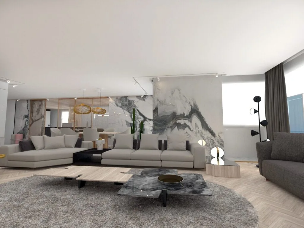 Modern Penthouse Tasarımı Modern kanepeler, ahşap zemin ve mermer duvarlarla tasarlanmış, ferah ve geniş penthouse salon iç mekan tasarımı.