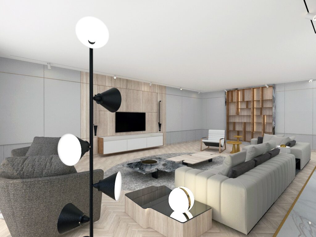 Yuvarlak halı ve modern aydınlatmalarla tasarlanmış, geniş ve minimalist bir salon.
