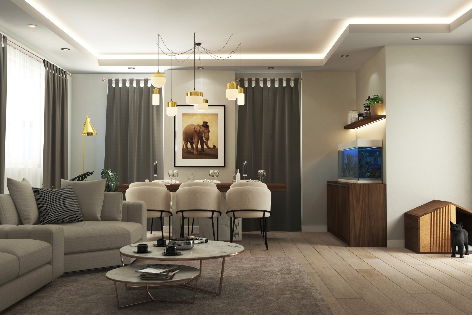 Açık plan salonda, yemek masası, L koltuk ve dekoratif objelerle bütüncül yaşam alanı renderı.