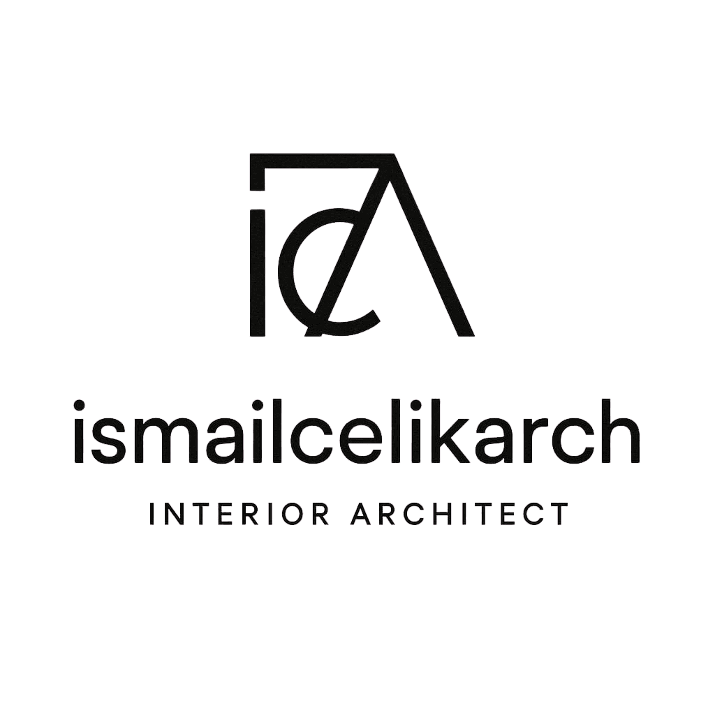 İsmail Çelik'in modern iç mimarlık ve peyzaj mimarlığı hizmetlerini temsil eden, "IC" harflerinden oluşan minimalist siyah logo.