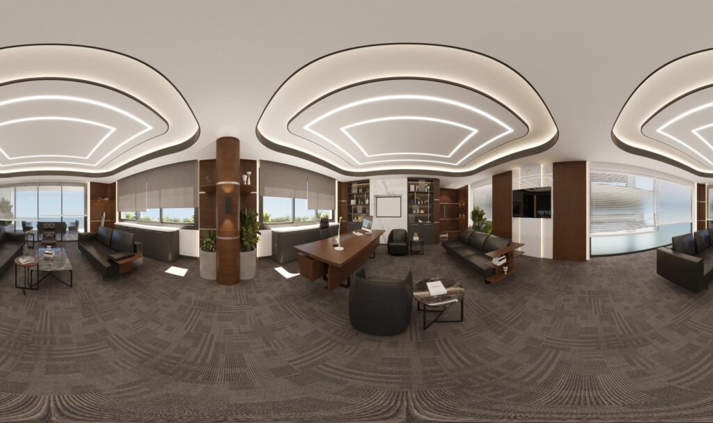 Modern lüks ofis tasarımının, tüm detaylarını gösteren panoramik 360 derece görseli.