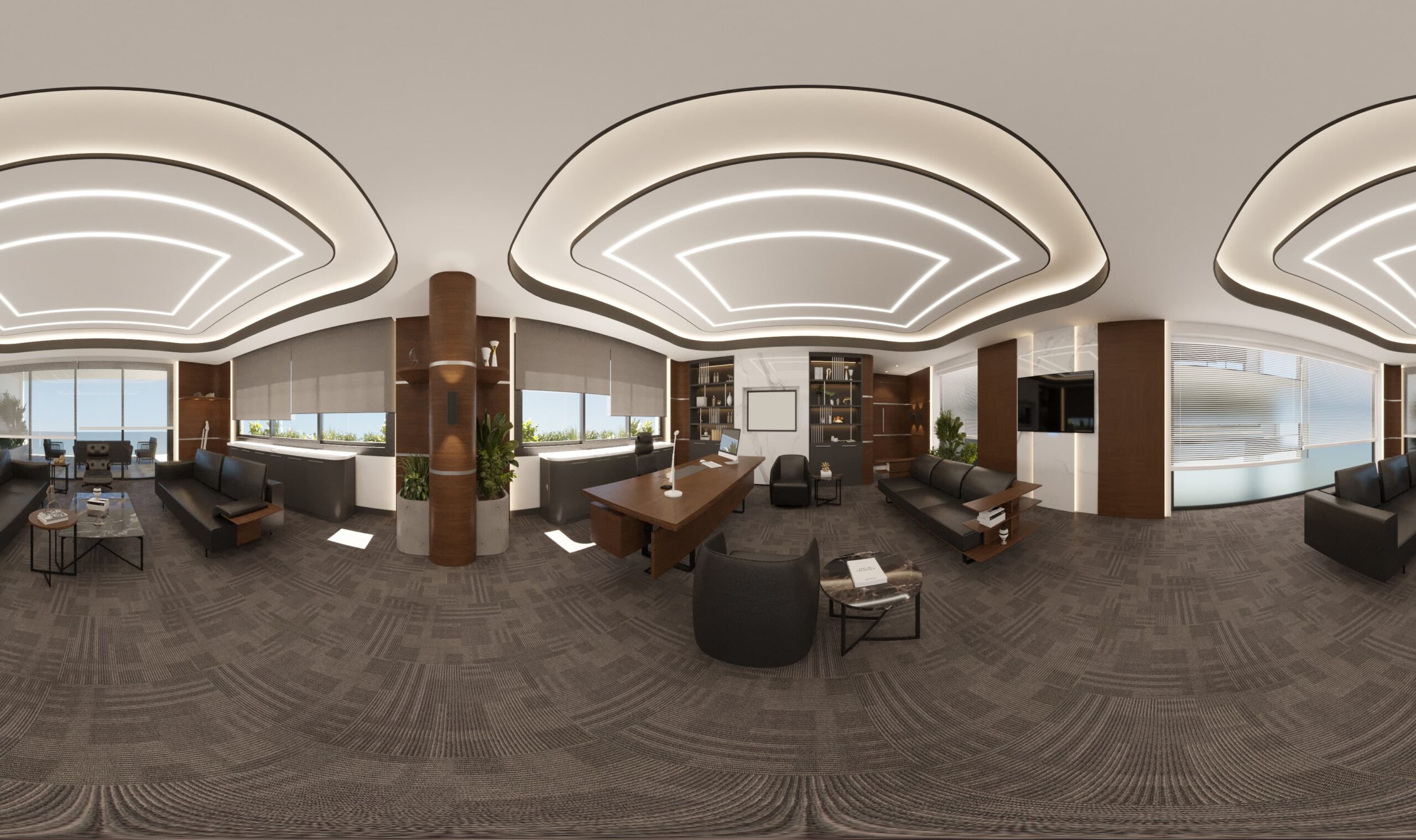 Modern lüks ofis tasarımının, tüm detaylarını gösteren panoramik 360 derece görseli.