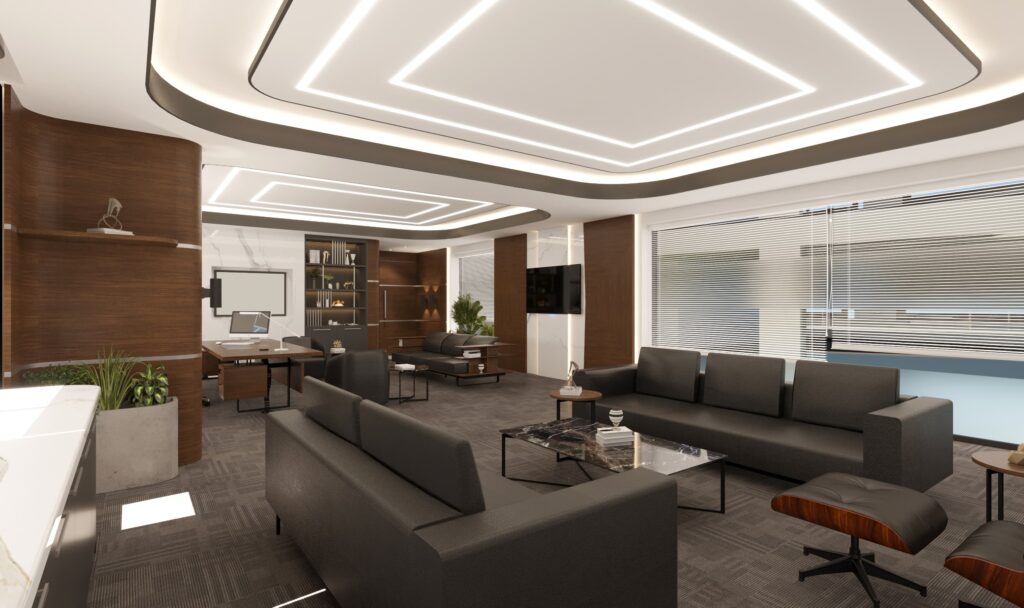 Çalışma ve dinlenme alanlarını birleştiren, geniş açılı modern ofis iç mimarlık projesi.