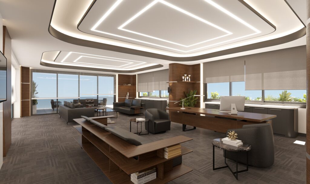 Akıllı aydınlatma ve minimalist mobilyalarla tasarlanmış, modern ve işlevsel bir kurumsal ofis iç mimarlık projesi.