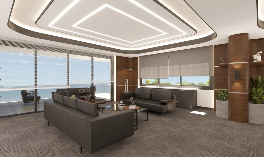 Geniş pencereleri ve modern tasarımıyla öne çıkan, misafirler ve çalışanlar için tasarlanmış profesyonel ofis oturma alanı.