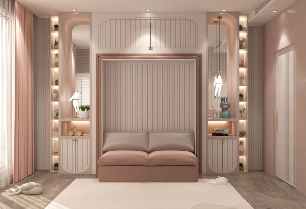Kız Çocuk Odası Tasarım Örnekleri Açılır kapanır koltuklu yatak, entegre dolaplar ve aydınlatmalı nişlerle tasarlanmış çocuk odası.