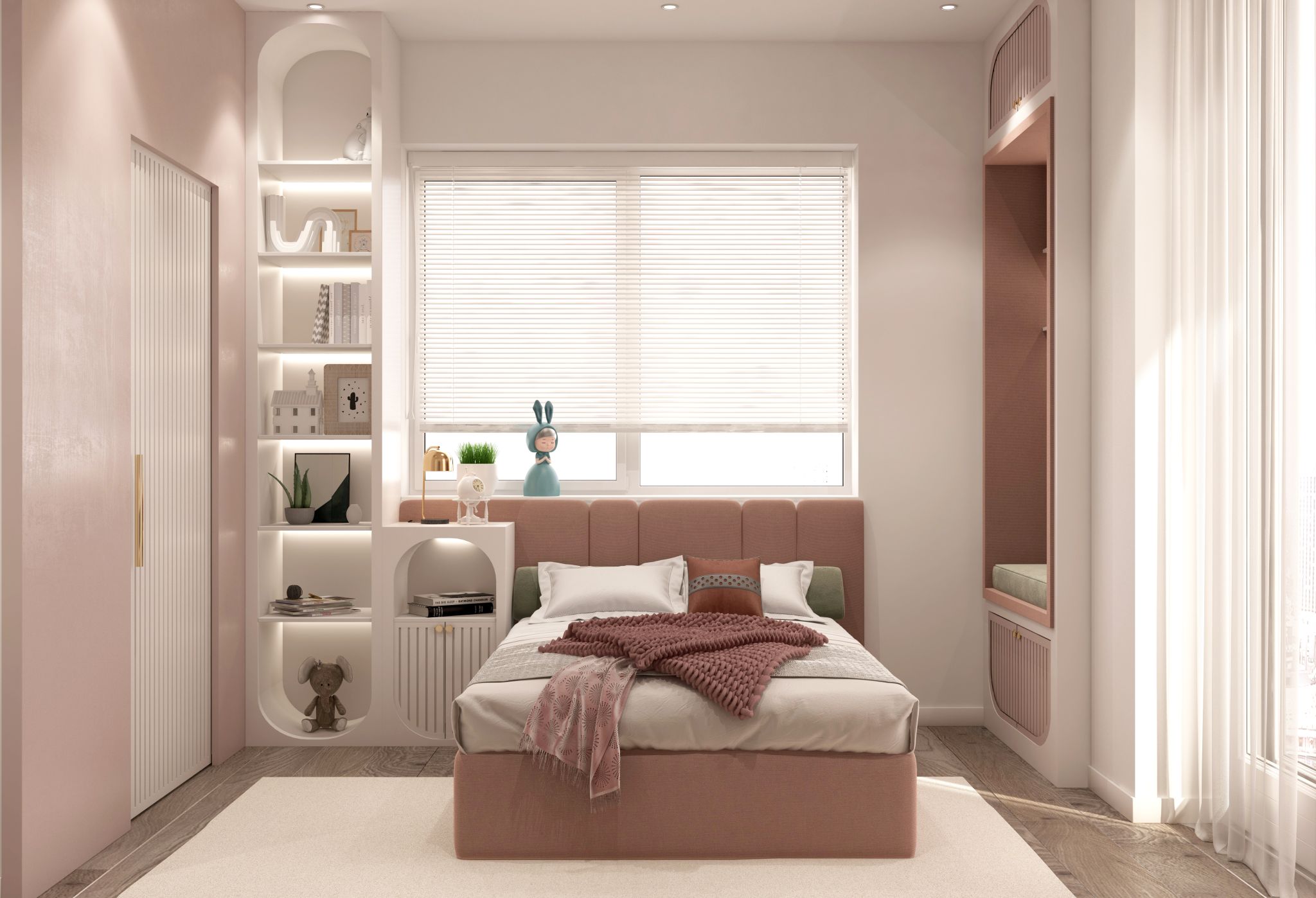 Pembe tonlarında modern yatak, minimalist dolaplar ve entegre raflarla tasarlanmış çocuk odası.