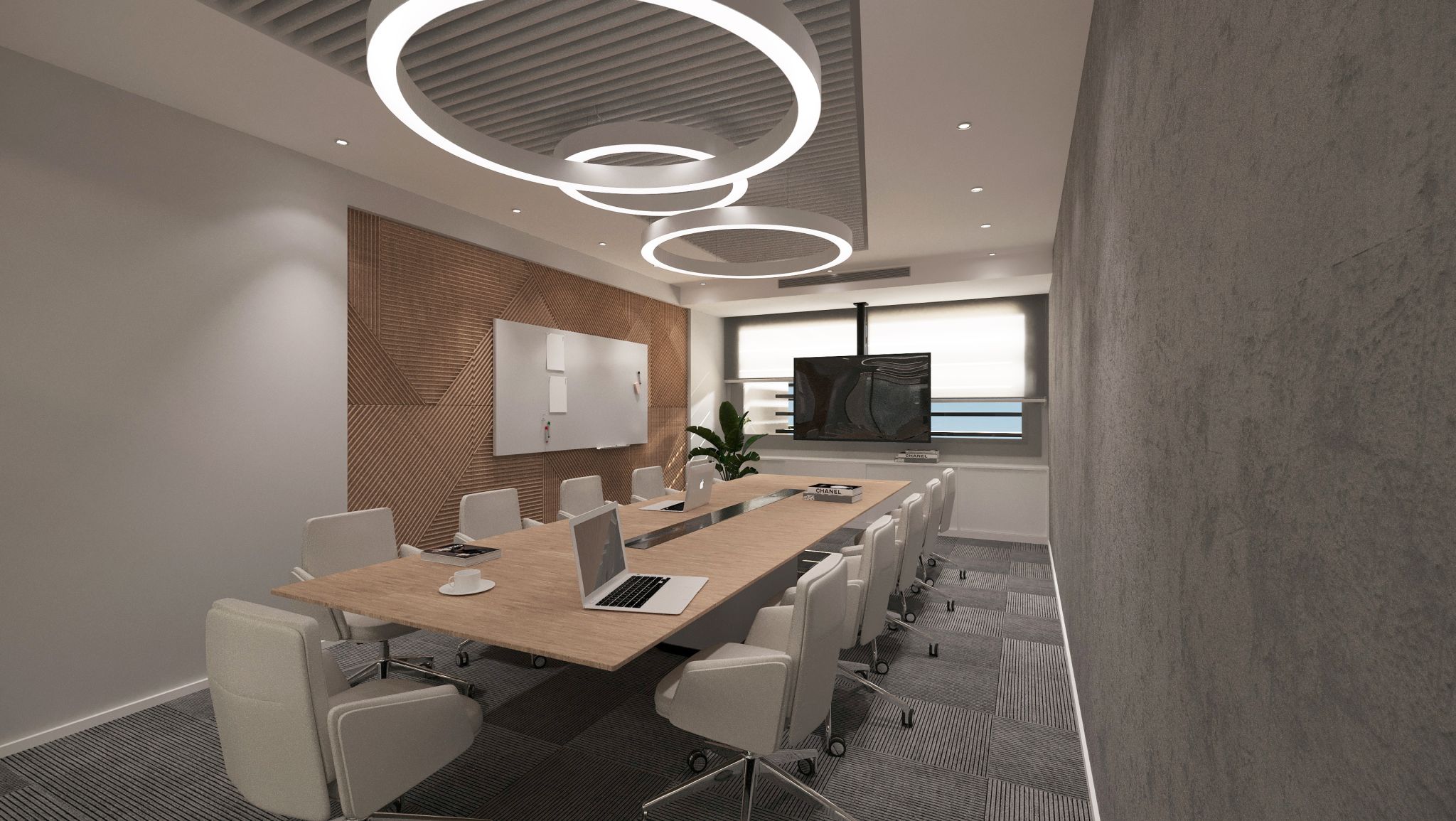 Modern aydınlatma ve minimalist mobilyalarla tasarlanmış, verimli toplantılar için ideal bir ofis toplantı odası.