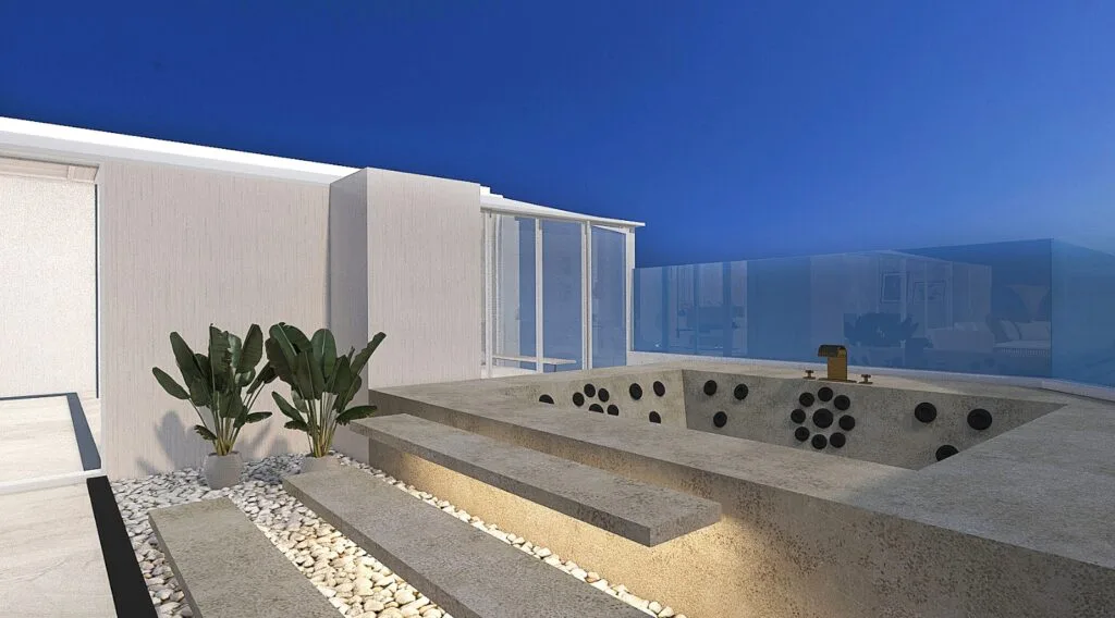 Modern Penthouse Tasarımı Beton basamaklar ve modern aydınlatmalarla tasarlanmış, teras jakuzi alanı.