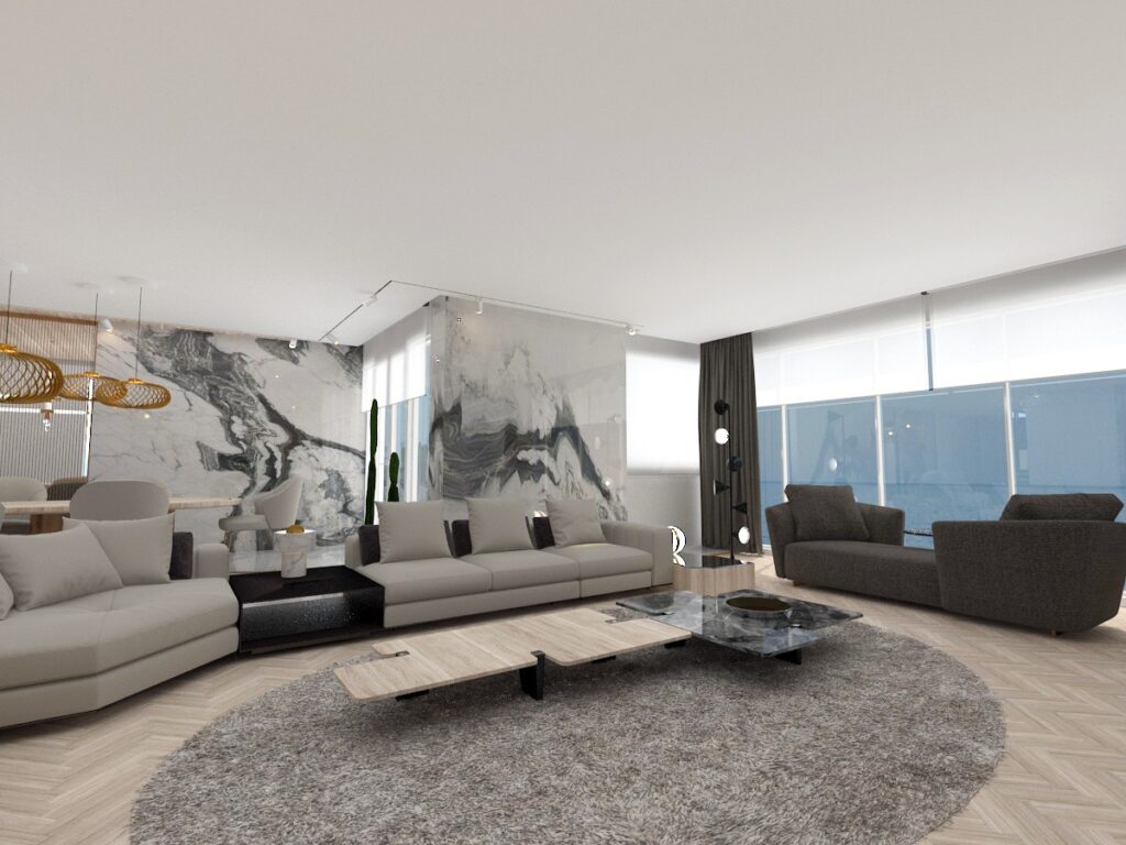 Açık planlı salonda, mermer duvar panelleri, modern oturma grupları ve aydınlatma tasarımıyla lüks penthouse iç mimarlık projesi.