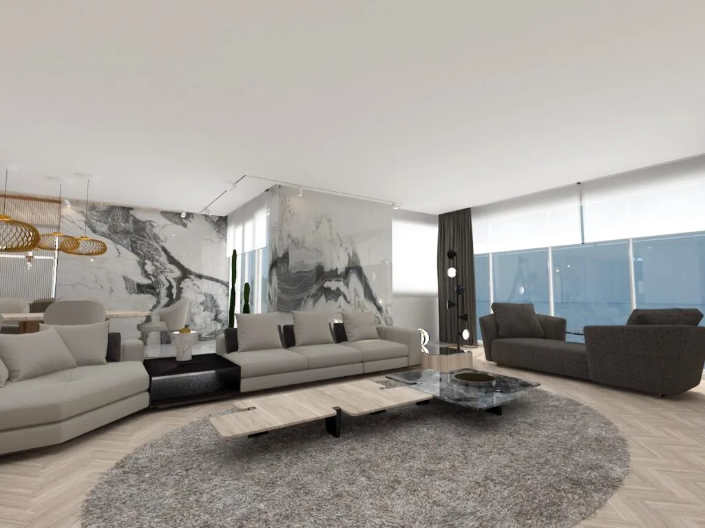Modern Penthouse Tasarımı Açık planlı salonda, mermer duvar panelleri, modern oturma grupları ve aydınlatma tasarımıyla lüks penthouse iç mimarlık projesi.
