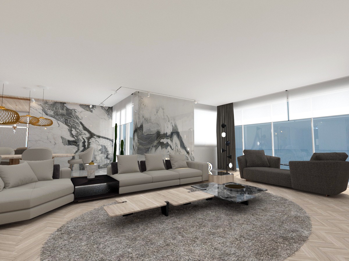 Açık planlı salonda, mermer duvar panelleri, modern oturma grupları ve aydınlatma tasarımıyla lüks penthouse iç mimarlık projesi.