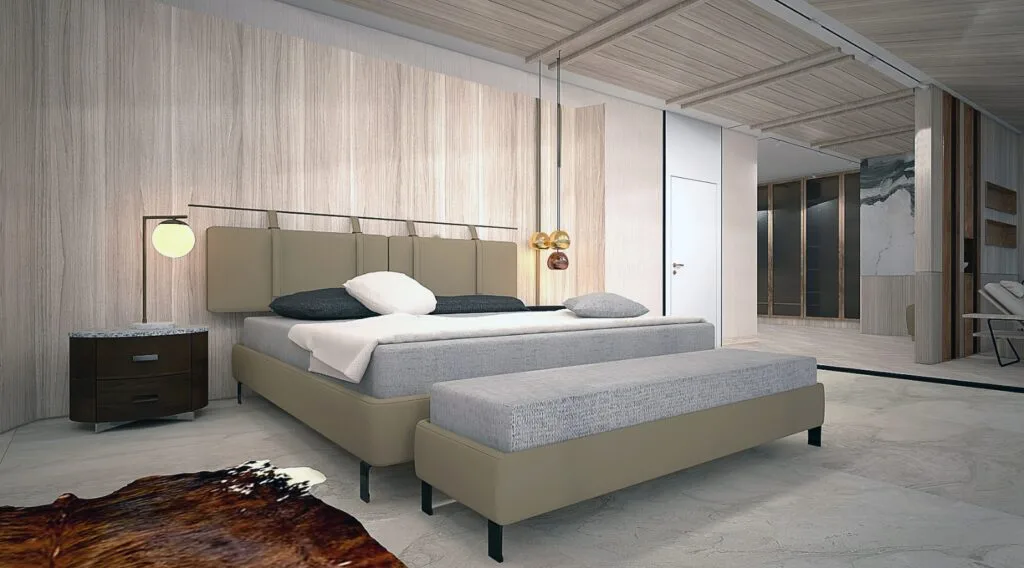 Modern Penthouse Tasarımı Ahşap ve bej tonlarının hakim olduğu, modern mobilyalarla tasarlanmış lüks bir yatak odası.