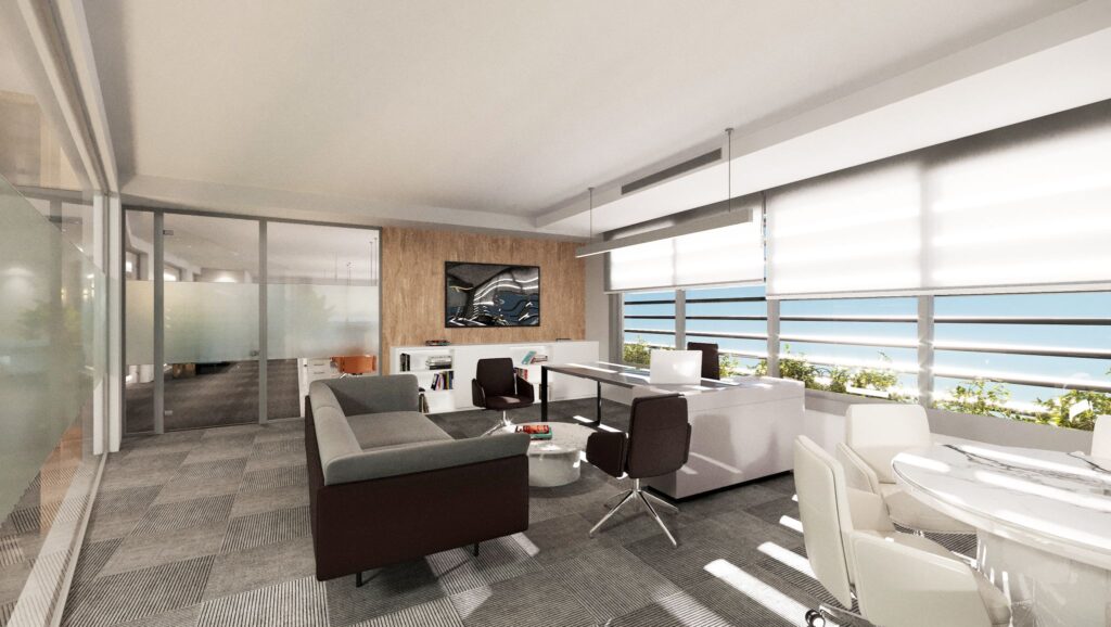 Modern Kurumsal Ofis Tasarımı Geniş pencereleri ve modern oturma gruplarıyla tasarlanmış, kurumsal ofis iç mimarlık projesi.
