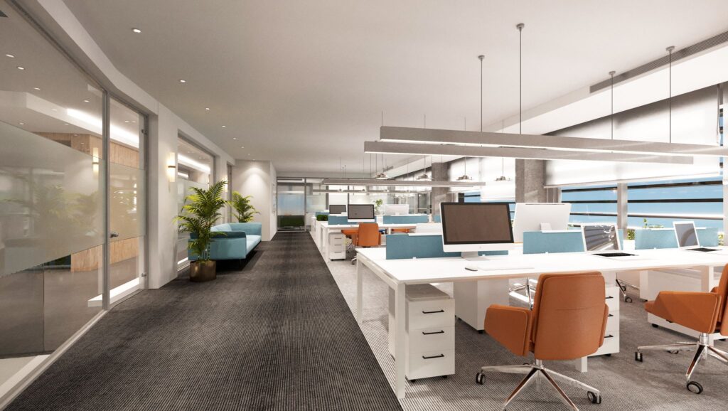 Modern Kurumsal Ofis Tasarımı Açık plan ofiste, ergonomik koltuklar ve modern çalışma masalarıyla tasarlanmış çalışma ortamı.