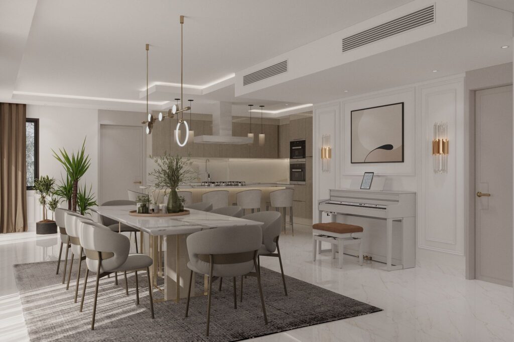 Mermer yemek masası, modern aydınlatmalar ve beyaz piyanosuyla, açık plan mutfak ve yemek odası tasarımı.