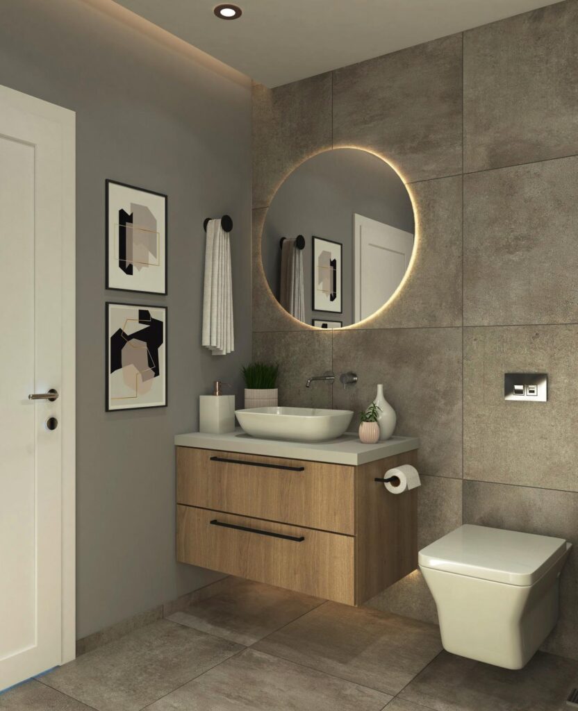 Modern Villa İç Mimarlık Projesi Ahşap görünümlü banyo dolabı, modern ayna ve dekoratif objelerin yer aldığı, modern banyo renderı.