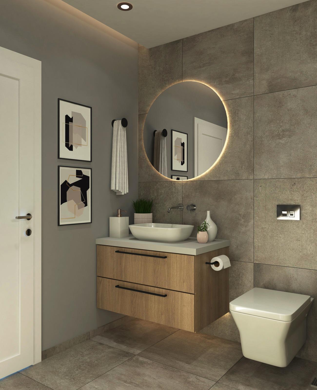 Ahşap görünümlü banyo dolabı, modern ayna ve dekoratif objelerin yer aldığı, modern banyo renderı.