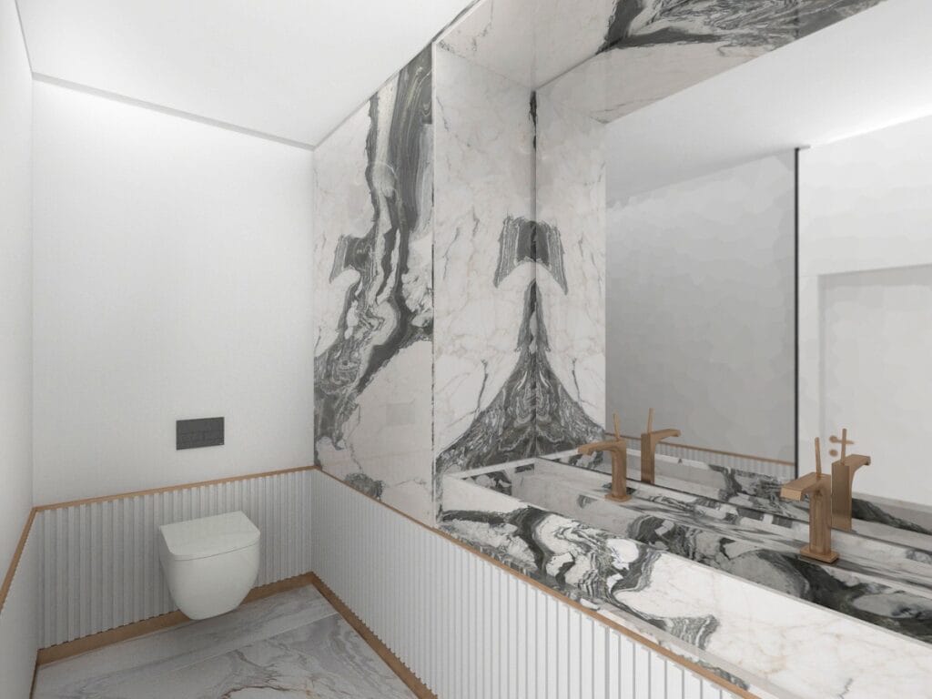 Mermer lavabo tezgahı ve şık ayna detayıyla, modern ve minimalist bir banyo tasarımı.