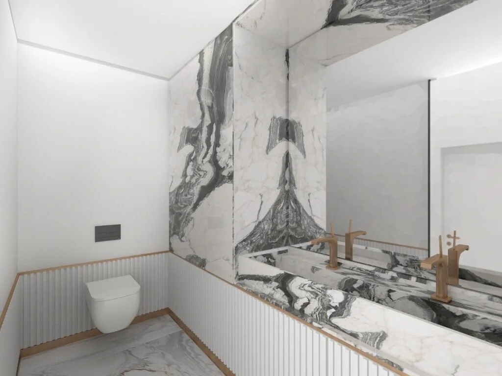Modern Penthouse Tasarımı Mermer lavabo tezgahı ve şık ayna detayıyla, modern ve minimalist bir banyo tasarımı.