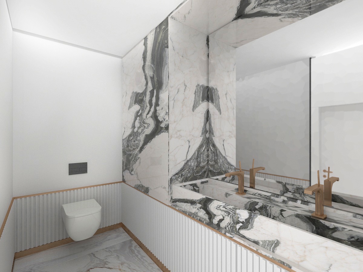 Mermer lavabo tezgahı ve şık ayna detayıyla, modern ve minimalist bir banyo tasarımı.