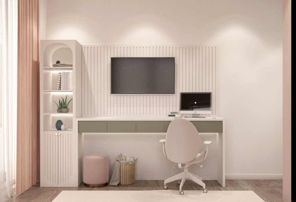 Kız Çocuk Odası Tasarım Örnekleri Beyaz raflar, TV ünitesi ve ergonomik sandalye ile tasarlanmış modern çocuk odası çalışma köşesi.