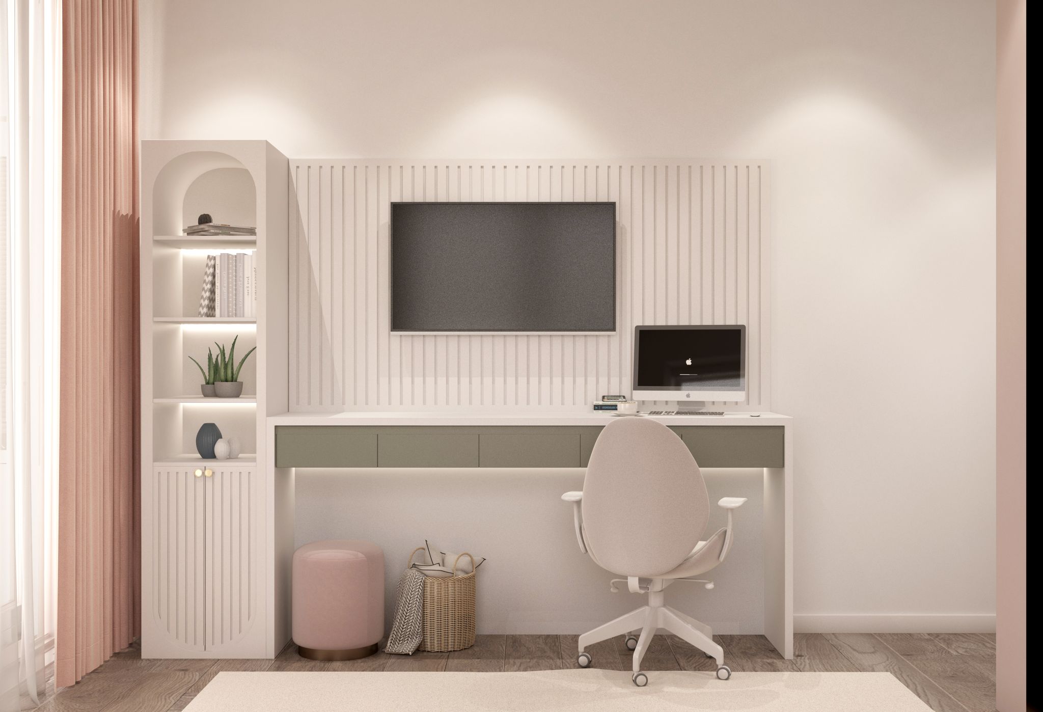 Beyaz raflar, TV ünitesi ve ergonomik sandalye ile tasarlanmış modern çocuk odası çalışma köşesi.