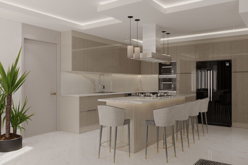 Geniş mutfak adası ve bar sandalyeleriyle tasarlanmış, modern ve açık planlı bir villa mutfağı.