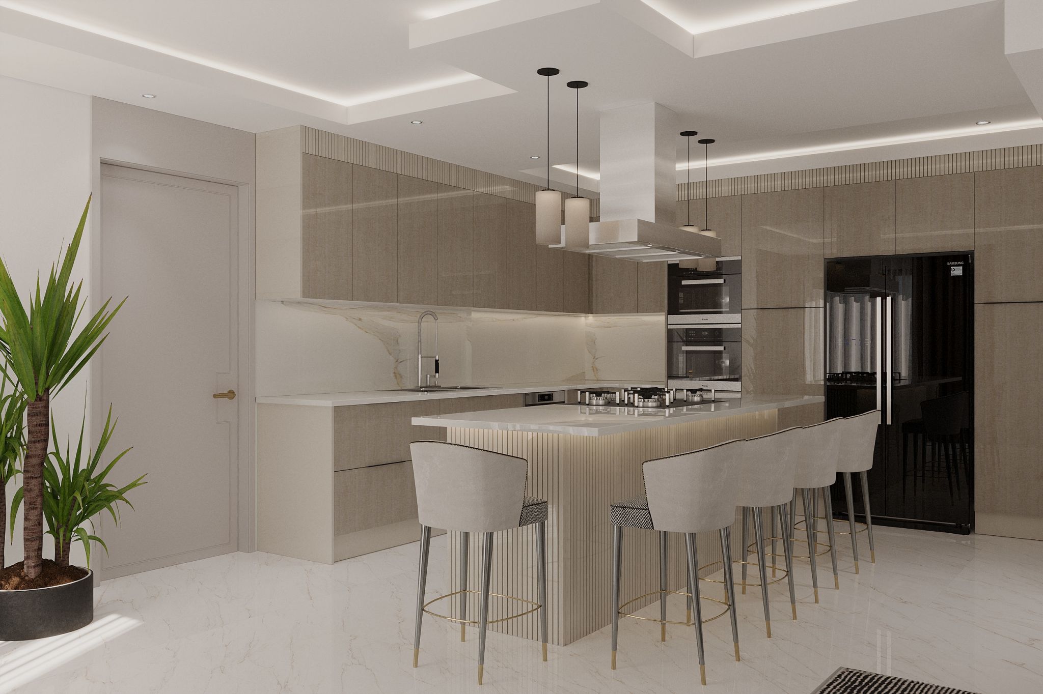 Geniş mutfak adası ve bar sandalyeleriyle tasarlanmış, modern ve açık planlı bir villa mutfağı.
