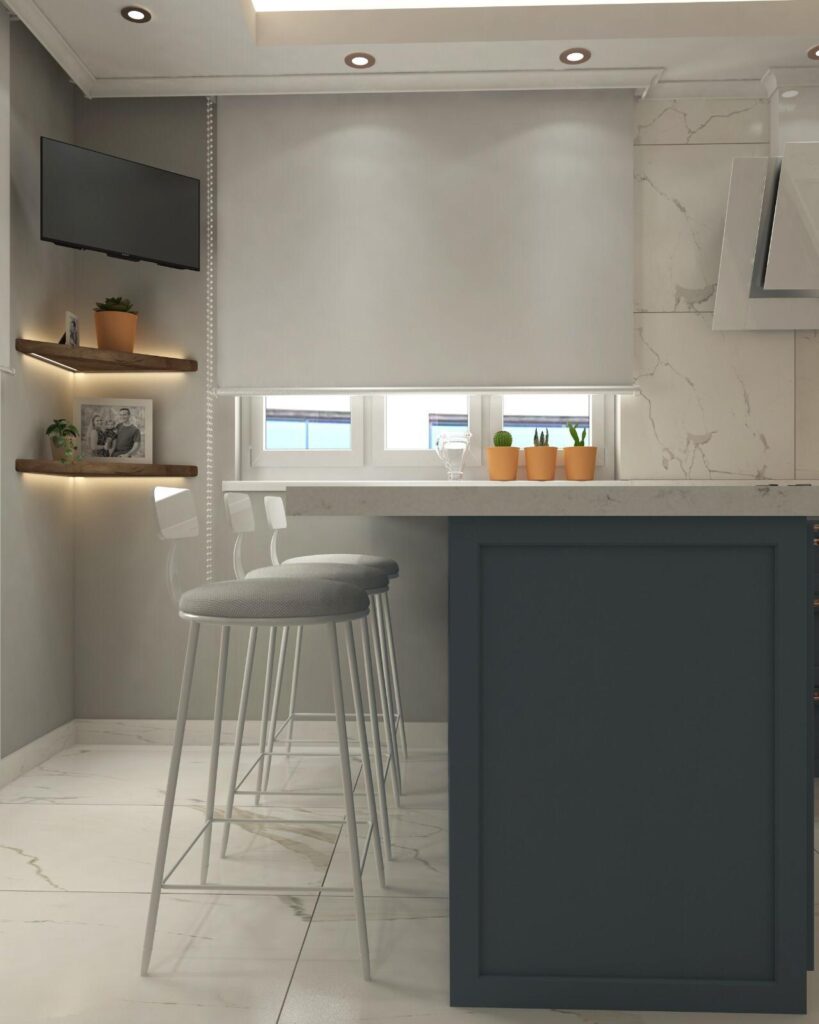 Modern mutfak adasının bar tabureleri ve ahşap raflı TV köşesiyle gösterildiği, proje render görseli.