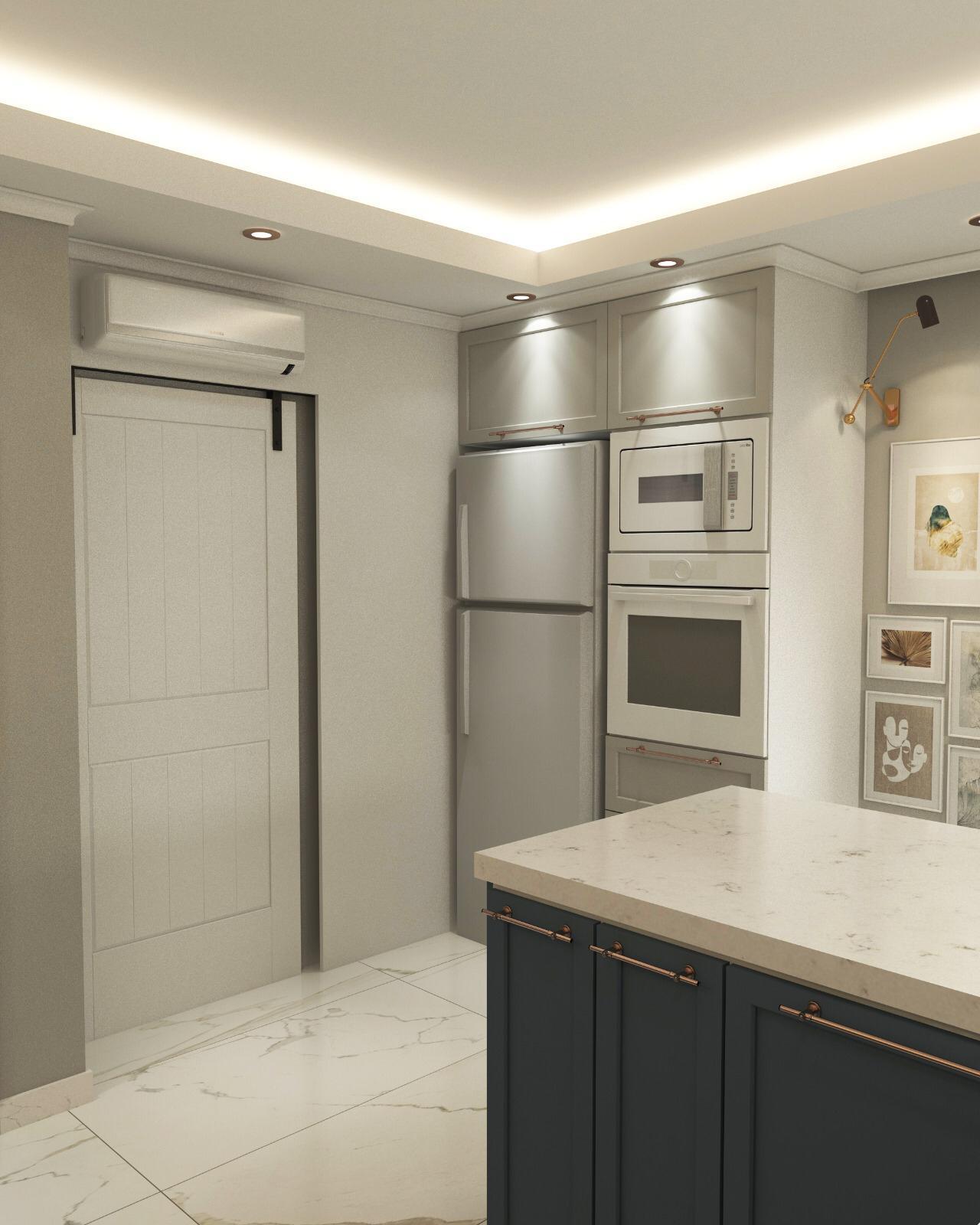 Açık gri dolaplar, ankastre fırın ve mikrodalga detaylarının gösterildiği, proje render görseli.