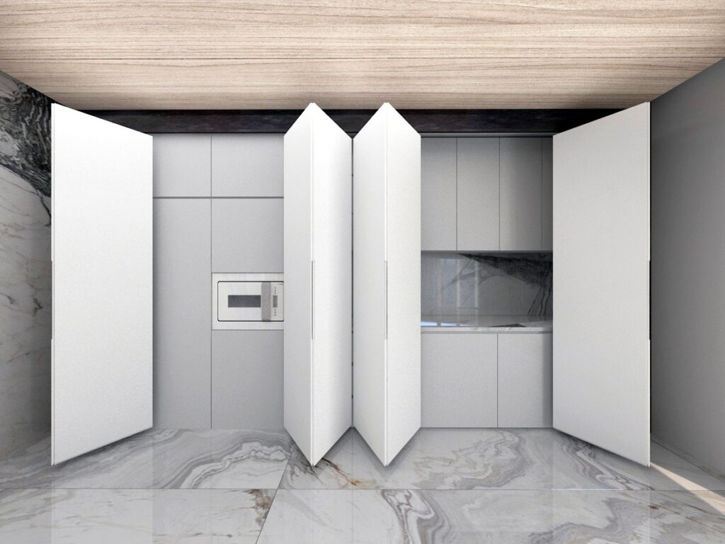 Açılır-kapanır kapaklı, minimalist ve modern bir penthouse mutfak dolabı tasarımı.