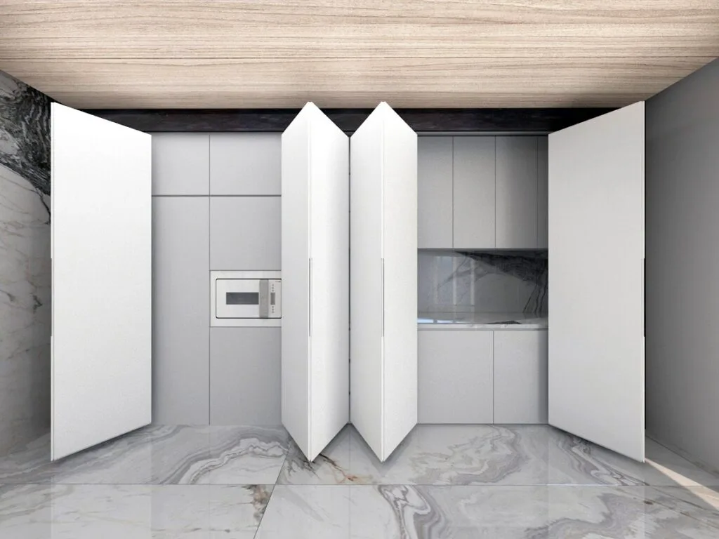 Modern Penthouse Tasarımı Açılır-kapanır kapaklı, minimalist ve modern bir penthouse mutfak dolabı tasarımı.