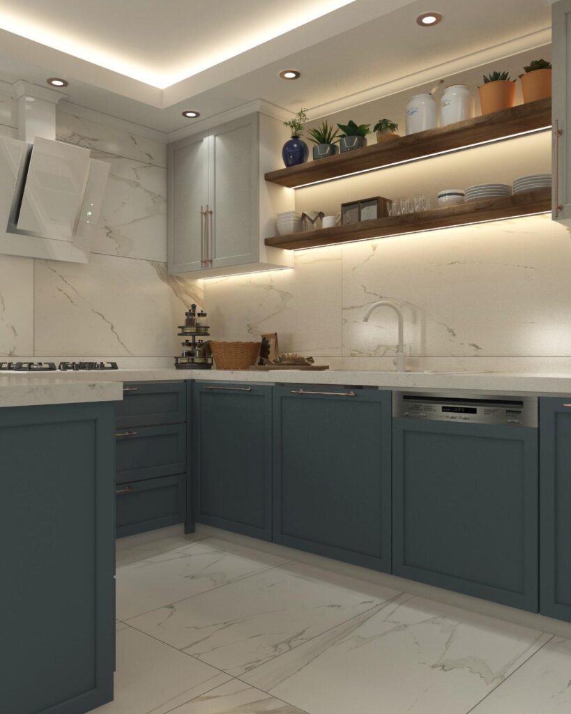 Modern Villa İç Mimarlık Projesi Mermer dokulu duvarlar, koyu renkli dolaplar ve açık raflarla tasarlanmış lüks bir mutfak render görseli.