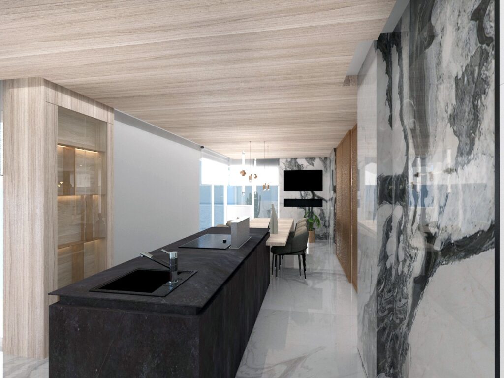 Siyah mermer ada tezgahı ve şık aydınlatmalarla tasarlanmış, modern ve minimalist bir penthouse mutfağı.