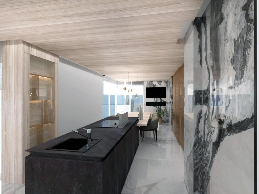 Modern Penthouse Tasarımı Siyah mermer ada tezgahı ve şık aydınlatmalarla tasarlanmış, modern ve minimalist bir penthouse mutfağı.