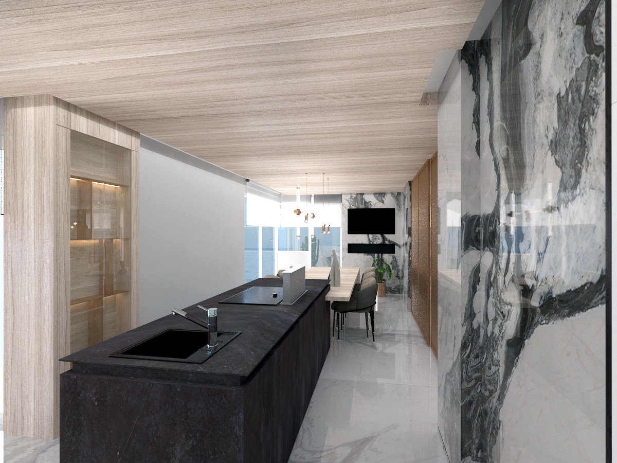 Siyah mermer ada tezgahı ve şık aydınlatmalarla tasarlanmış, modern ve minimalist bir penthouse mutfağı.