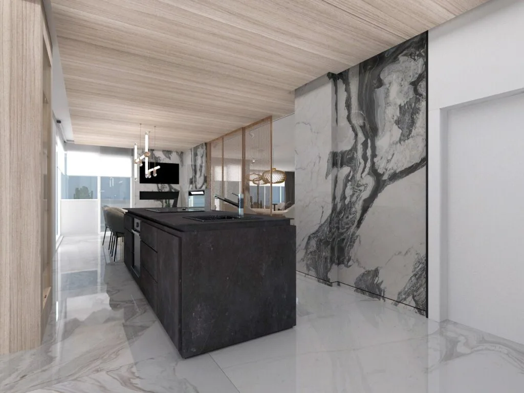 Modern Penthouse Tasarımı Mermer duvar paneli ve siyah ada tezgahıyla öne çıkan, açık plan mutfak ve salon birleşimi.