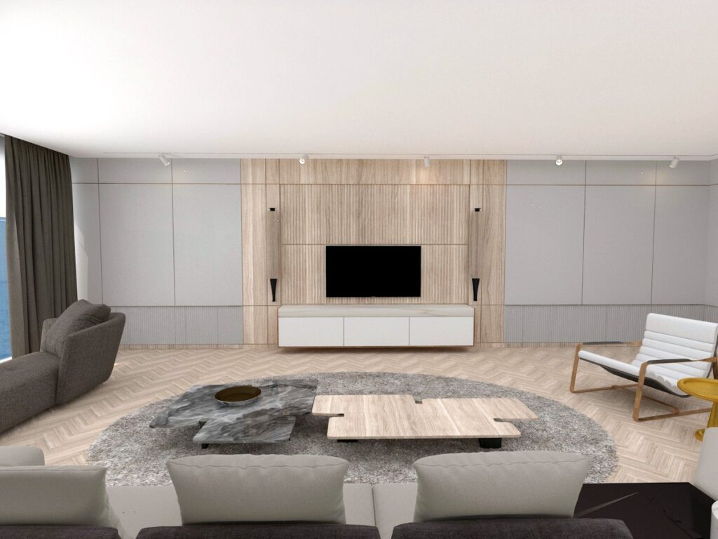 Açık renkli ahşap ve beyaz detaylı modern TV ünitesi ve duvardan duvara aydınlatma detayı içeren penthouse salonu.