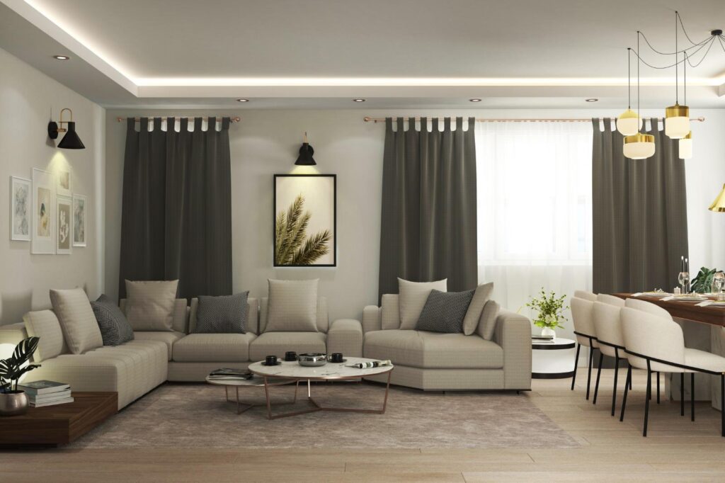 Modern Villa İç Mimarlık Projesi L şeklinde açık renk koltuklar, modern sehpa ve avizelerle tasarlanmış modern salon renderı.