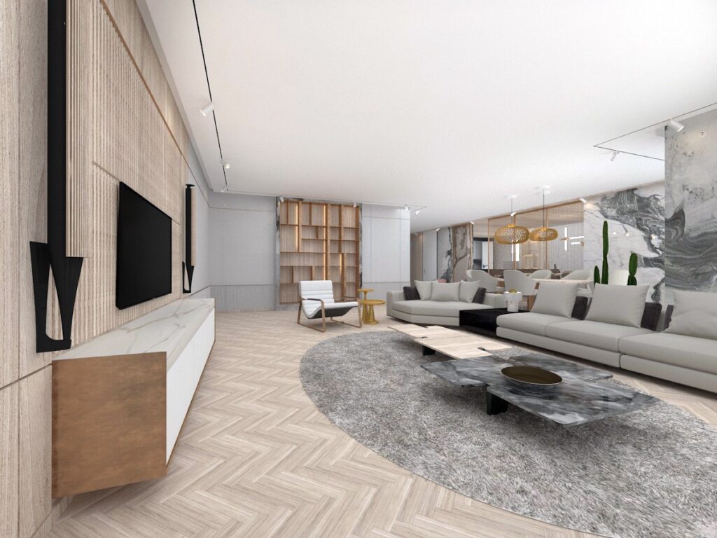 Mermer ve ahşap dokuların birleştiği, modern TV ünitesi ve aydınlatma detaylarıyla öne çıkan salon.
